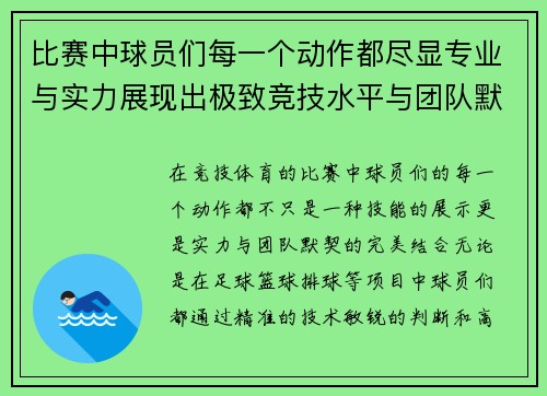 比赛中球员们每一个动作都尽显专业与实力展现出极致竞技水平与团队默契